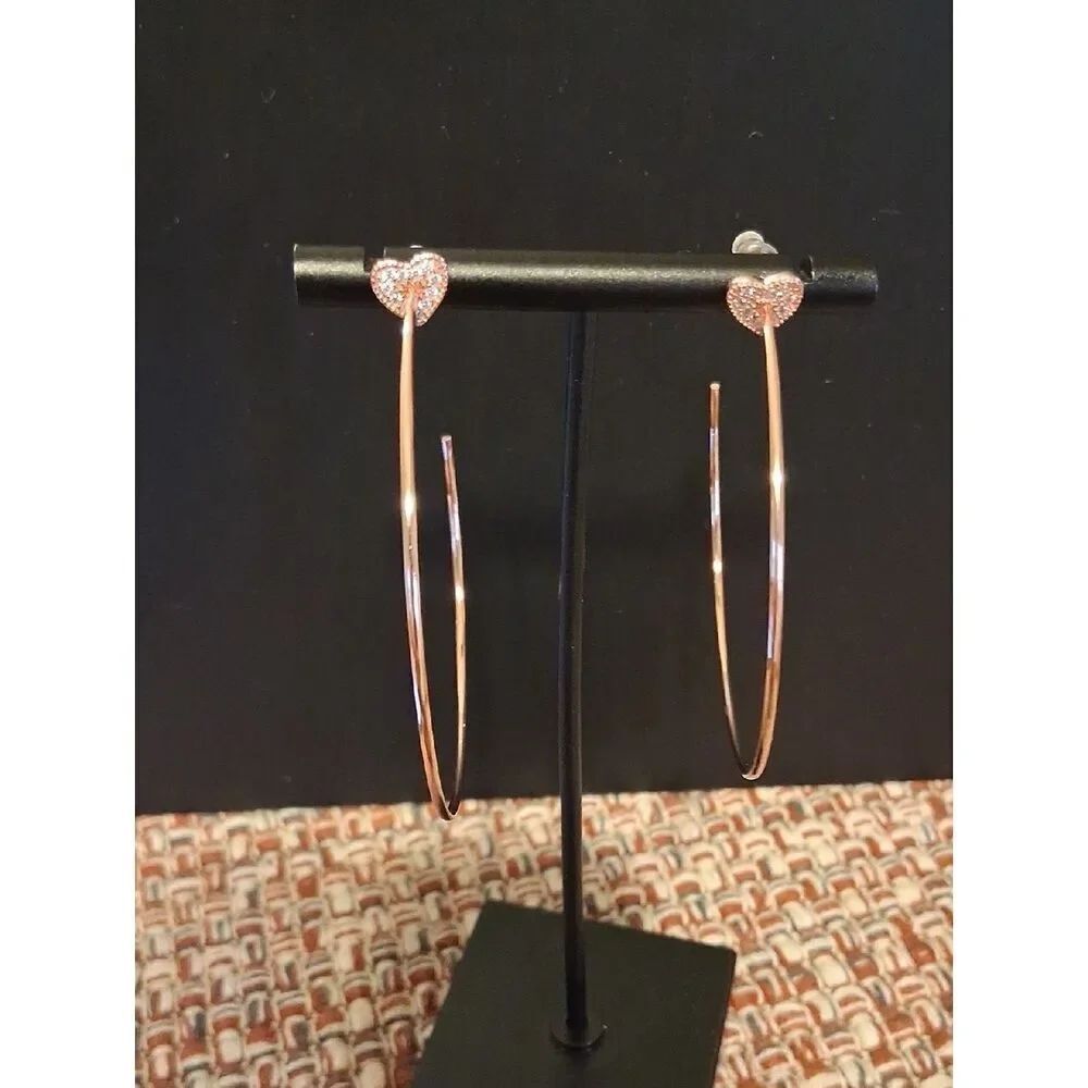 Rose Gold Heart Rhinestone Large Open Hoop Earrings - New In Box